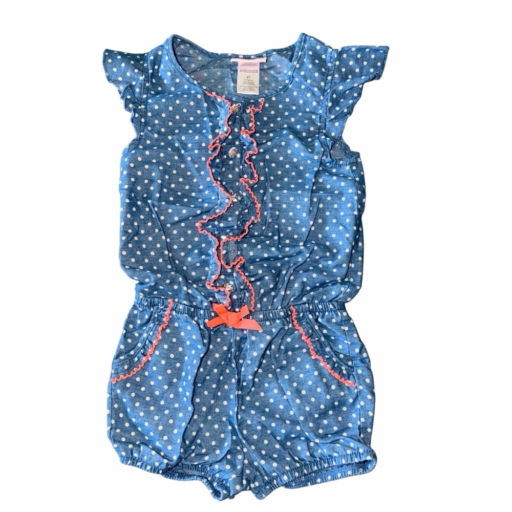 Little Lass Denim Polka Dot Romper with Ruffle Trim - 4T